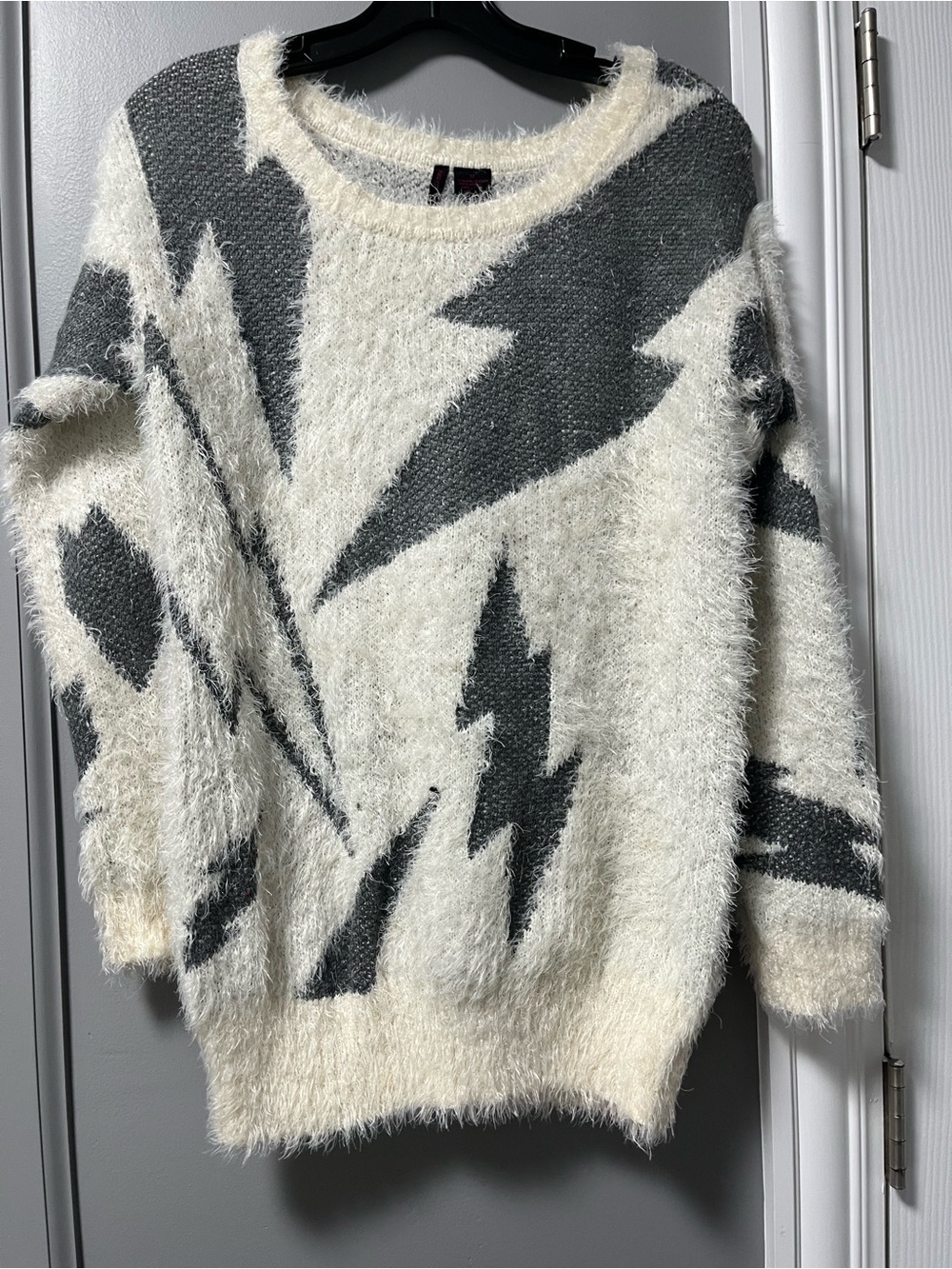 Fuzzy Lightning-Print Crewneck Sweater - Cream and Gray